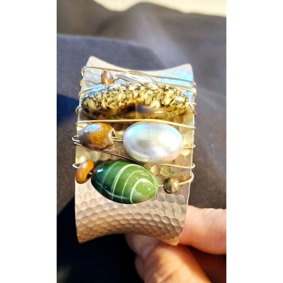 Hammered Gold-Tone Cuff Bracelet With Gemstone Bead Accents - Picture 4 of 6